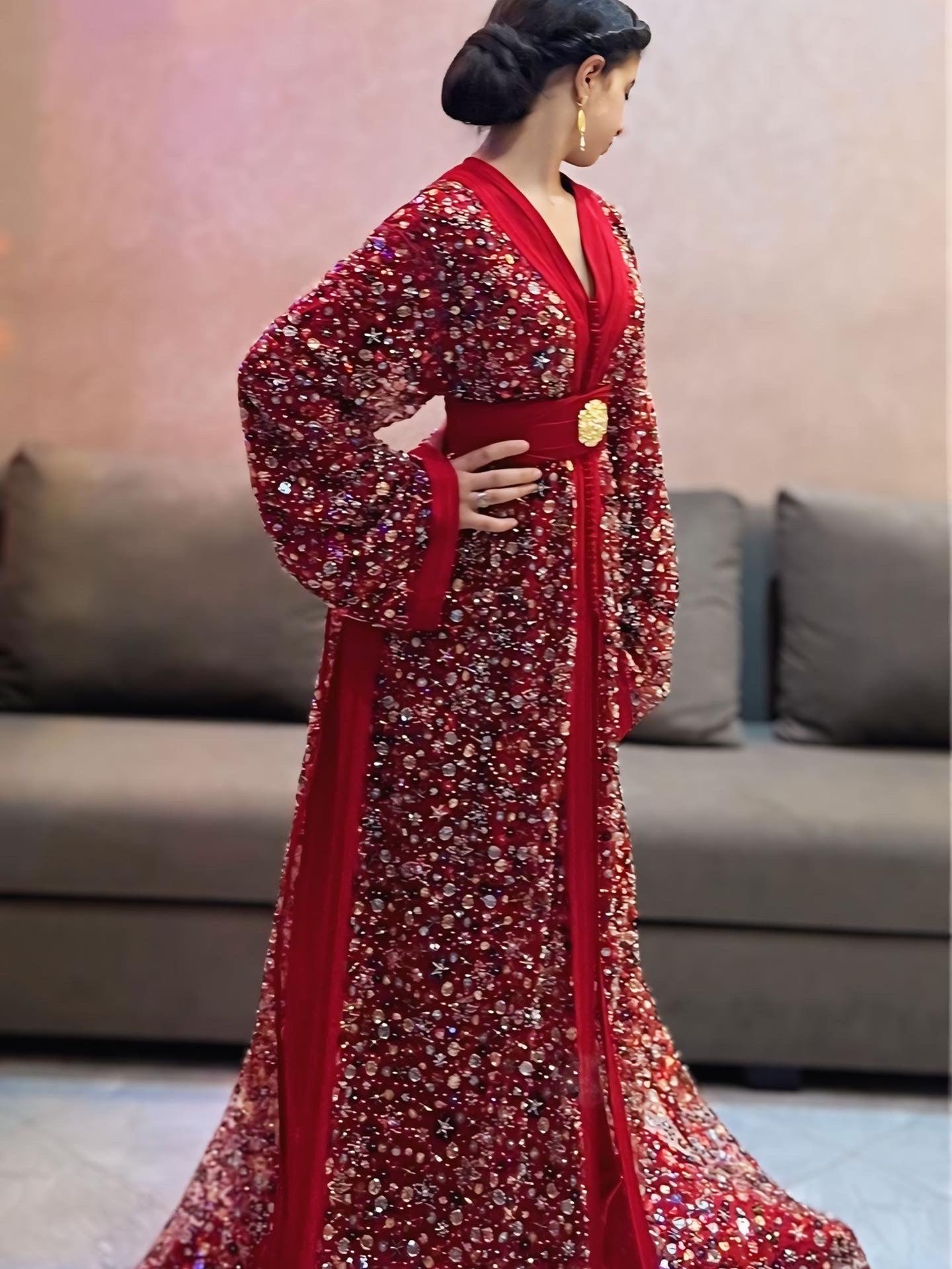 Red Caftan with Elegant Handmade Details – Shine on Every Occasion