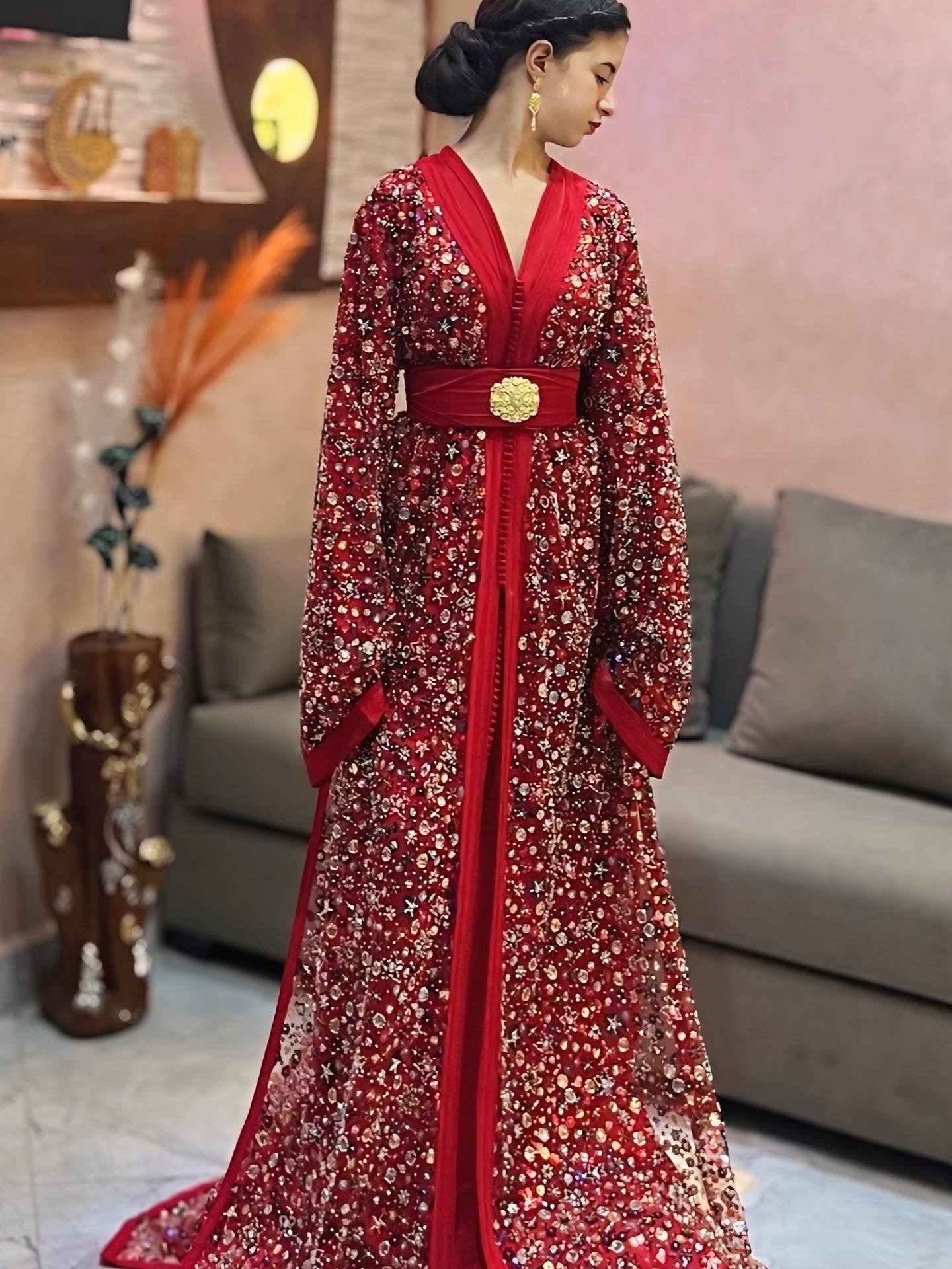Red Caftan with Elegant Handmade Details – Shine on Every Occasion