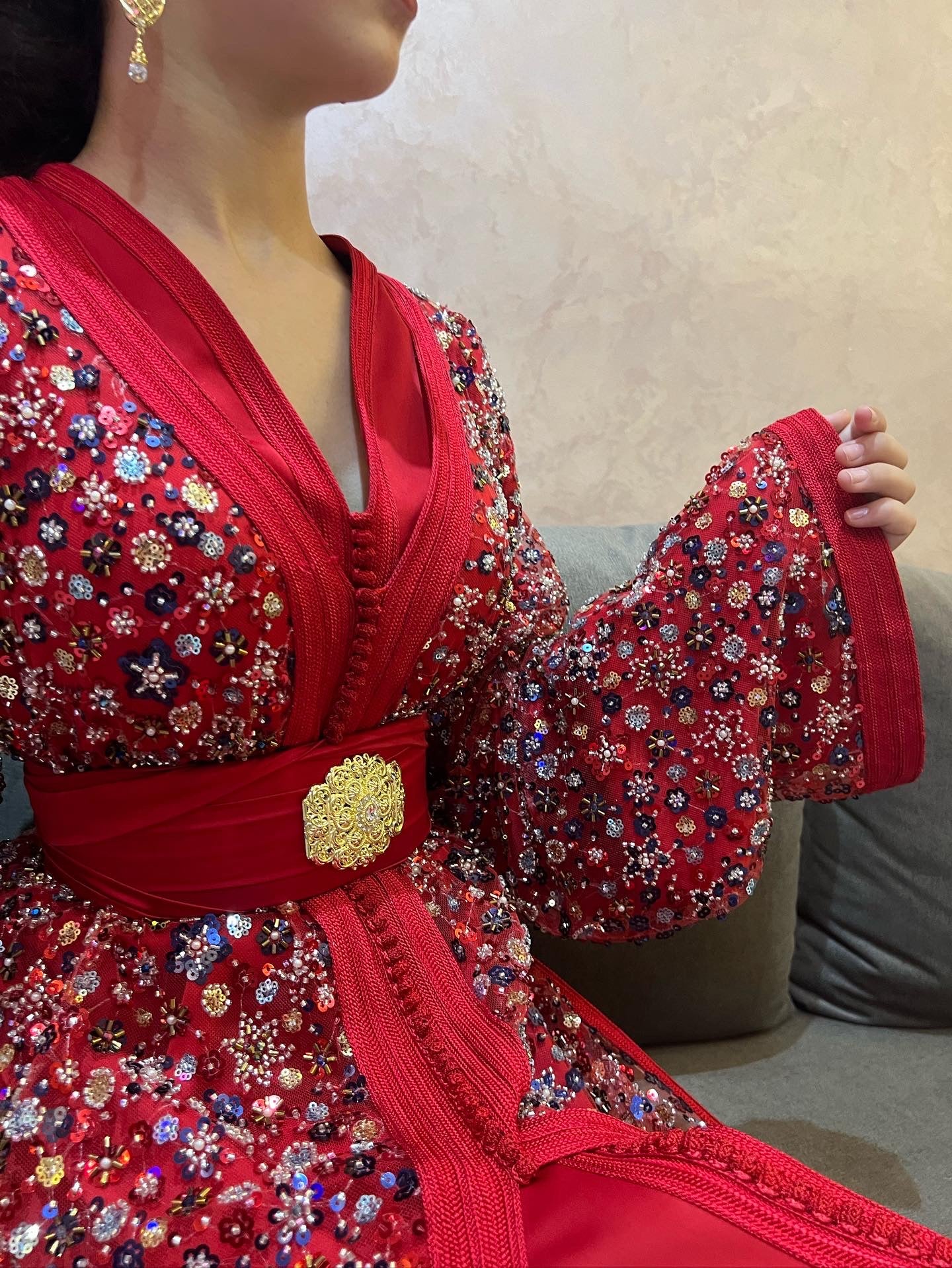 Red Caftan with Elegant Handmade Details – Shine on Every Occasion