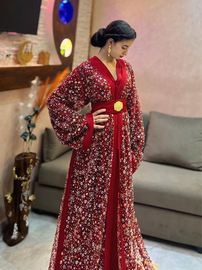 Red Caftan with Elegant Handmade Details – Shine on Every Occasion