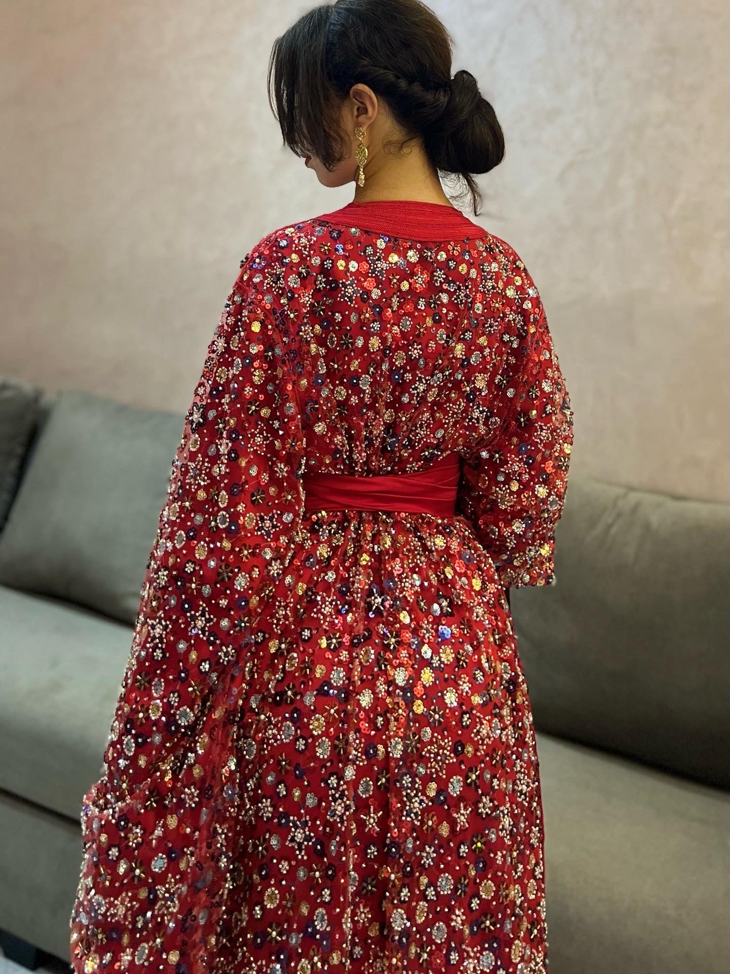 Red Caftan with Elegant Handmade Details – Shine on Every Occasion