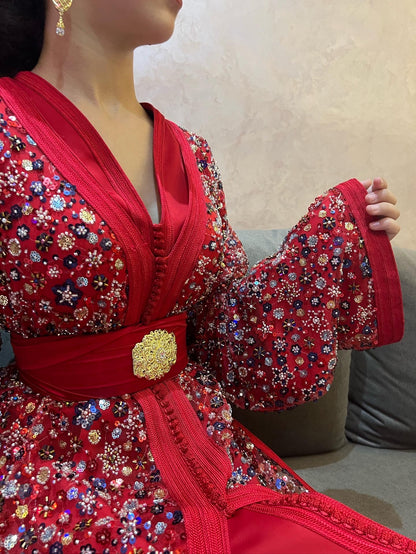 Red Caftan with Elegant Handmade Details – Shine on Every Occasion