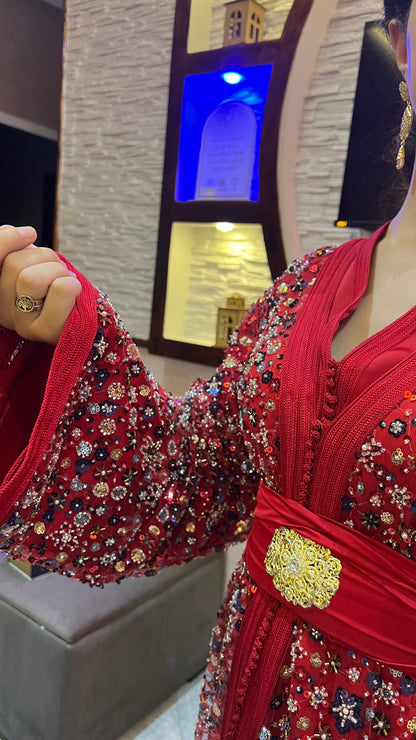 Red Caftan with Elegant Handmade Details – Shine on Every Occasion