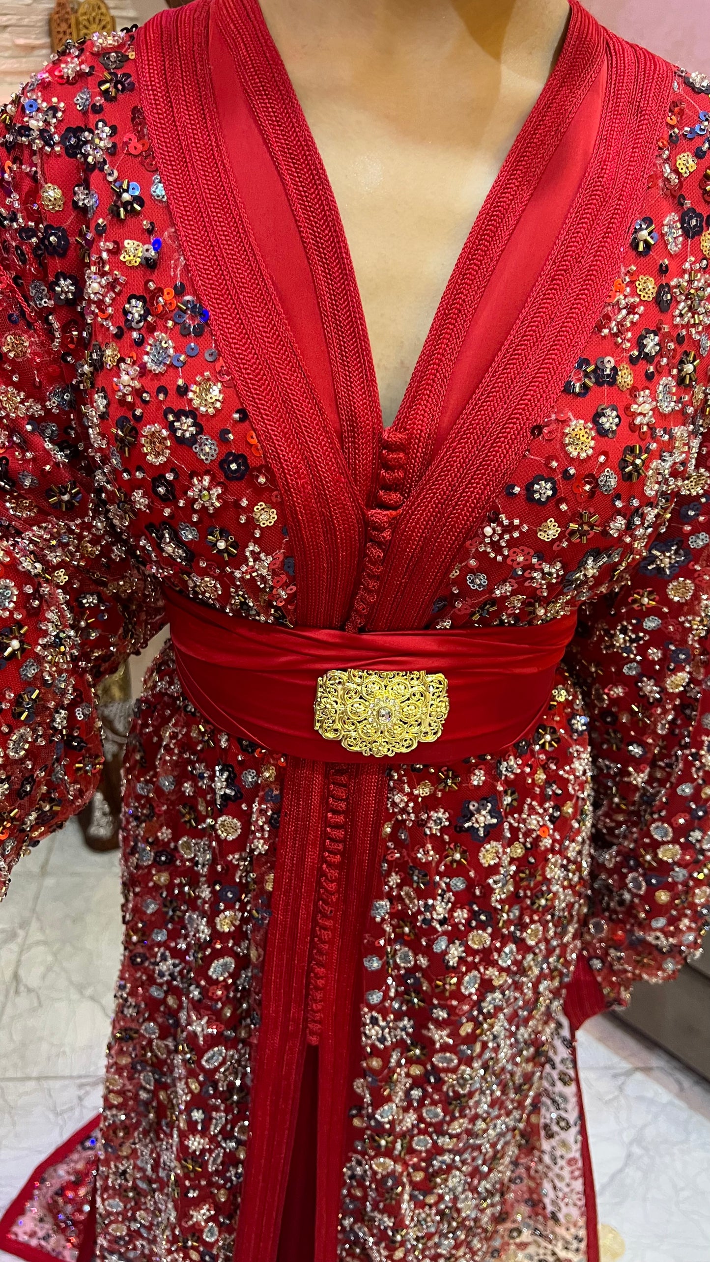 Red Caftan with Elegant Handmade Details – Shine on Every Occasion