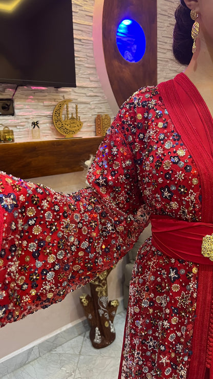 Red Caftan with Elegant Handmade Details – Shine on Every Occasion
