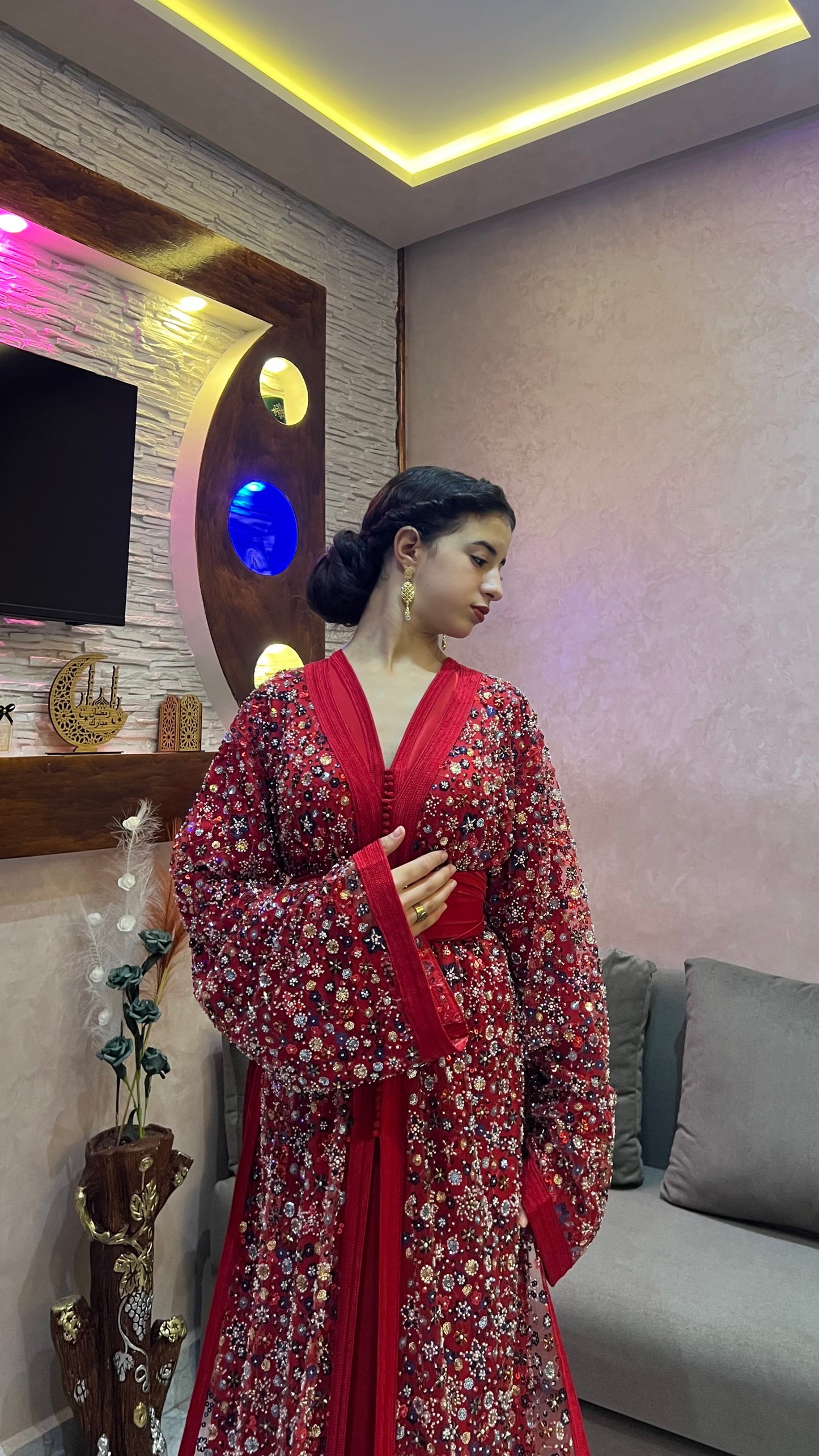 Red Caftan with Elegant Handmade Details – Shine on Every Occasion