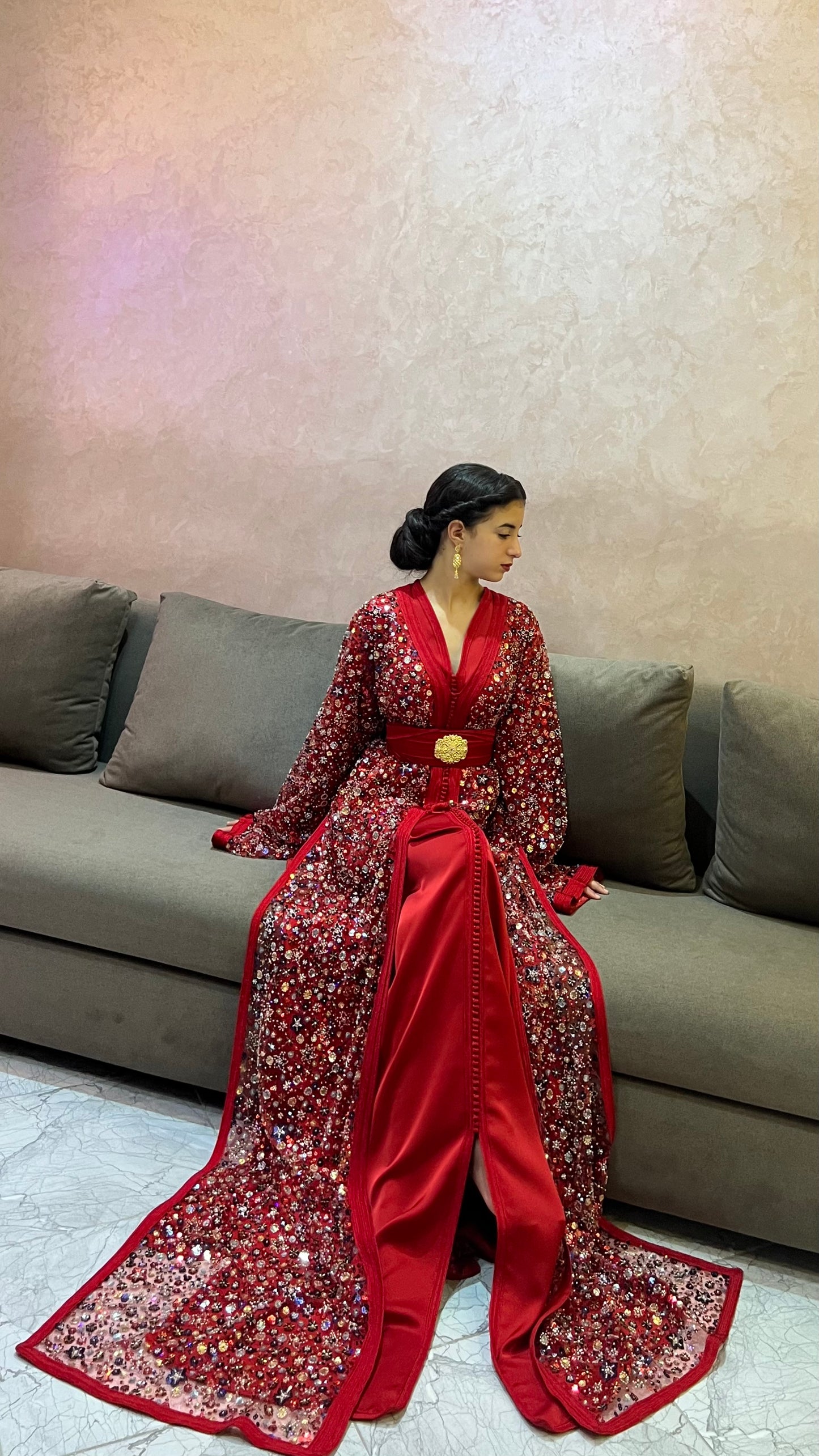 Red Caftan with Elegant Handmade Details – Shine on Every Occasion