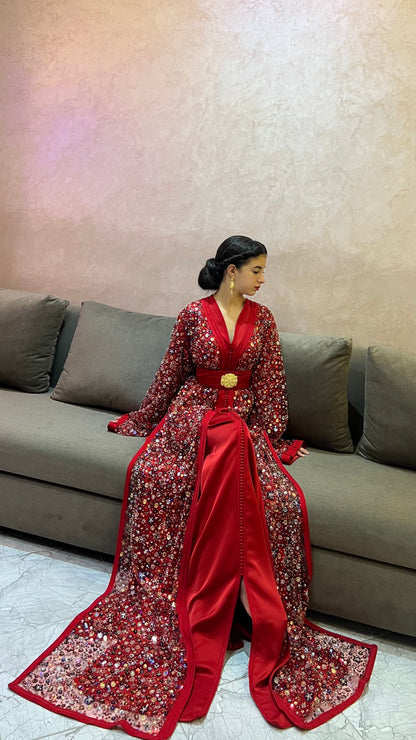 Red Caftan with Elegant Handmade Details – Shine on Every Occasion