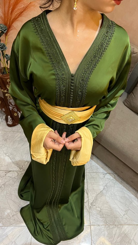 Olive green caftan with golden details