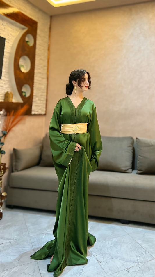 Olive green caftan with golden details