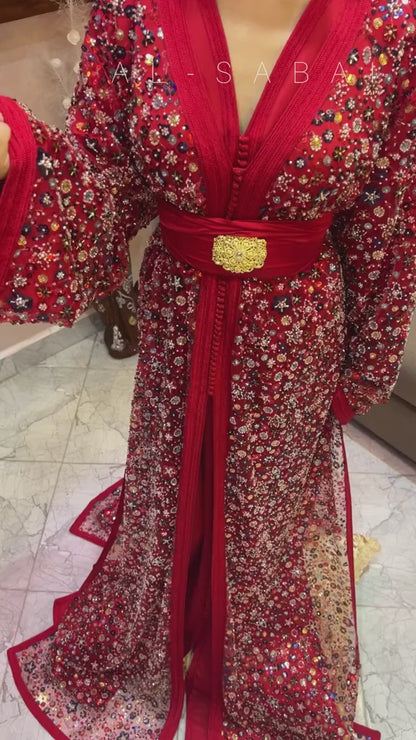 Red Caftan with Elegant Handmade Details – Shine on Every Occasion